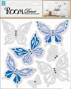 Наклейки для декора 6604 бабочки со стразами синие с серебром